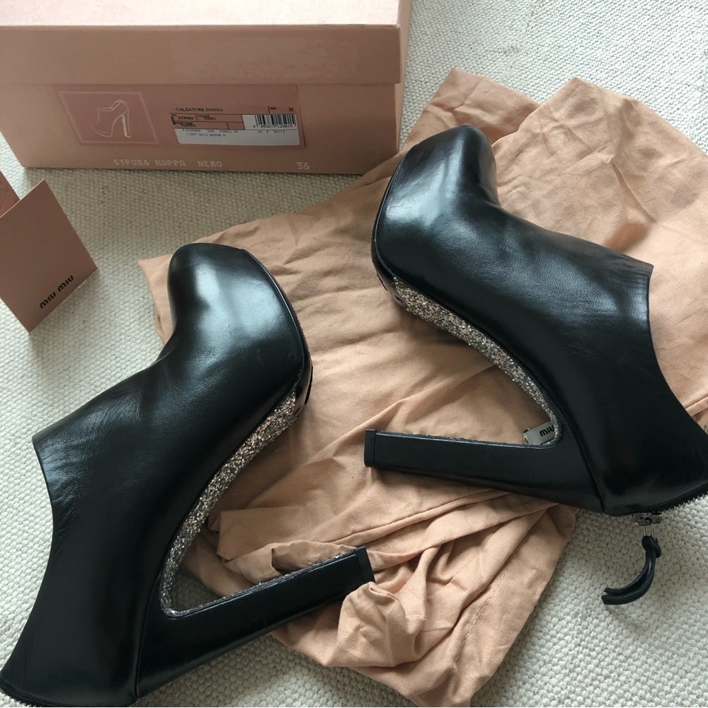 MIU MIU Calzature Donna Nappa Glitter Platform Black Leather Booties 6 - Picture 4 of 16